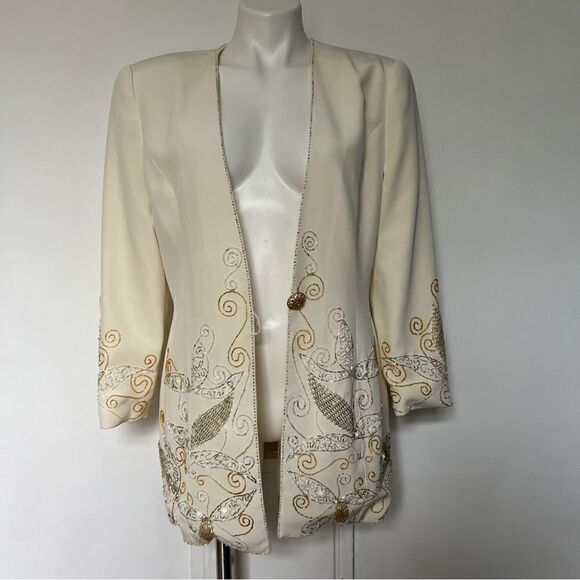 Vintage Nite Line Silver and Gold Beaded white Long Blazer 80s 90s - Picture 9 of 10